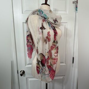 Butterfly Print Sheer women’s Tan Scarf 72” long sheer pink blue butterflies